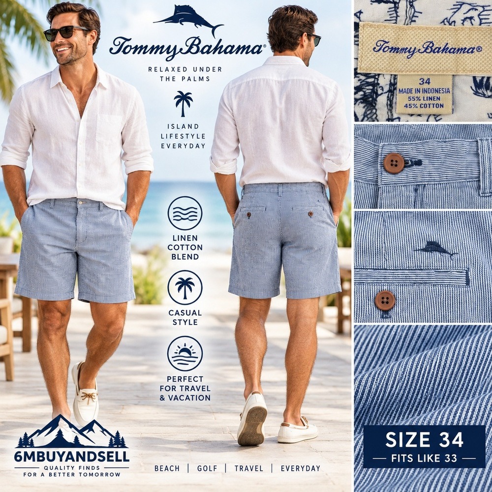 Tommy Bahama Mens 34 Blue White Striped Linen Cotton Blend Shorts Flat Front